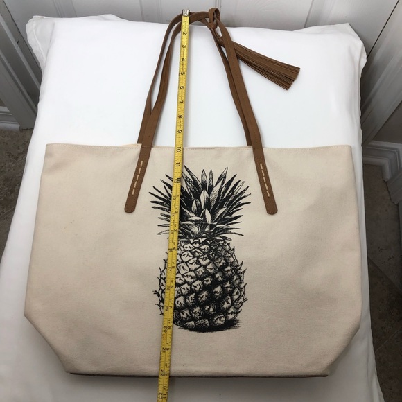 Sonoma Pineapple Natural Canvas Snap Closure Tassel Detail Hard Bottom Tote Bag, - Picture 15 of 16
